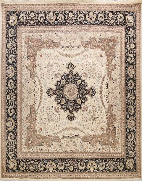 Square Classic Cream and Dark Blue Tabriz Rug 10x10