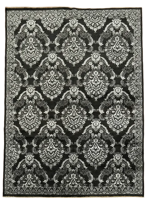 Luxurious Damask Black and Silver Area Rug with Elegant Persian Pattern 9'x12'