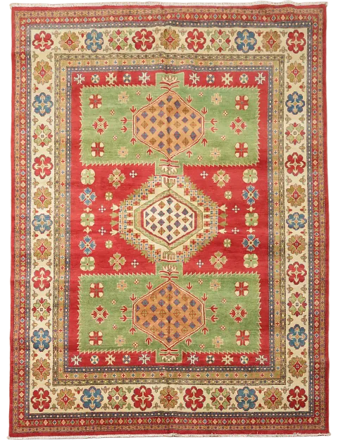 Vegetable Dye Geometric Red/Green Kazak Wool Area Rug 8x10