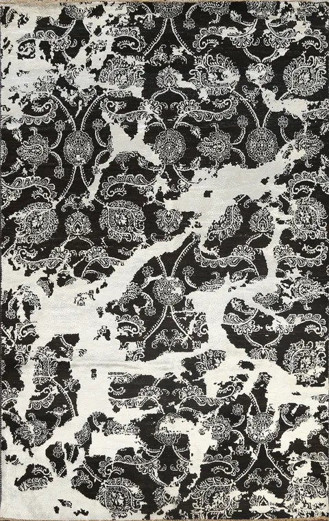 Black/ Silver Floral Versace Oriental Area Rug 6x9