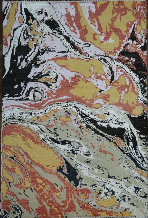 Abstract Marble Inspired Rug with Warm Earthy Tones and Black Accents 6x10