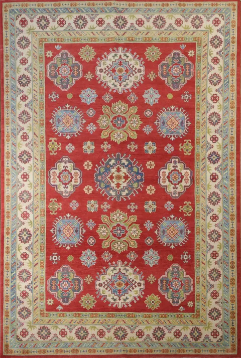 Red-Patterned Geometric Kazak Oriental Rug for Luxurious Home Decor 7x10