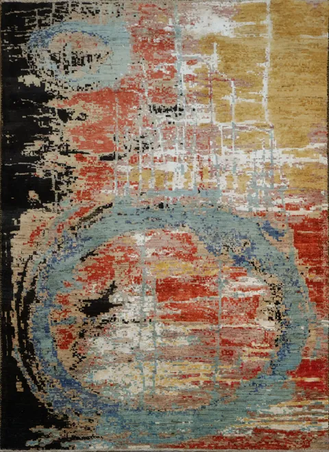 Contemporary Abstract Rug with Blue Circular Accents 5x7