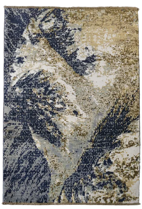 Artistic Blue and Gold Tones in This Abstract Rug 4'x6'