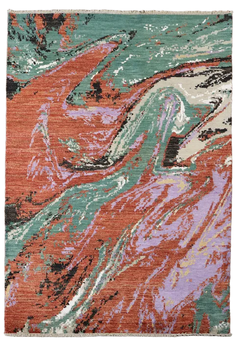 Swirling Colorful Abstract Rug with Red, Green, and Purple Tones 4'x6'