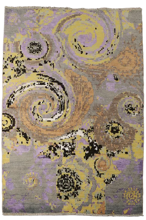Modern Abstract Rug Featuring Spiral Design in Grey and Lilac 4x6 ft
