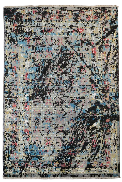 Modern Splash Art Rug with Black and Blue Accents 4'x6'