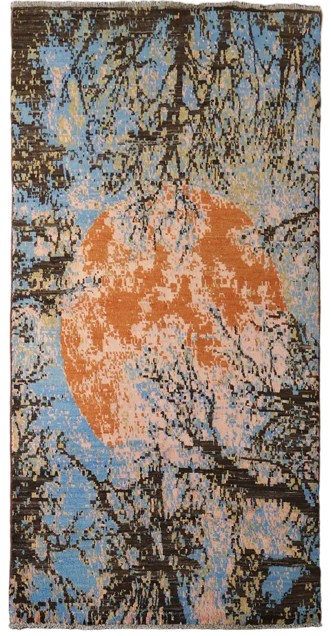 Contemporary Rug Featuring Sun and Tree Silhouette Design 4'x6'