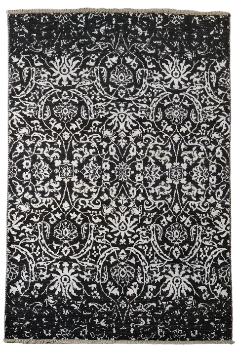 Elegant Black and White Floral Patterned Luxury Area Rug 4'x6'