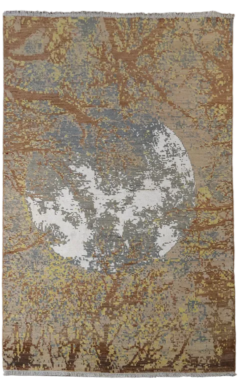 Modern Abstract Rug with Nature and Moon Motif 4'x7'