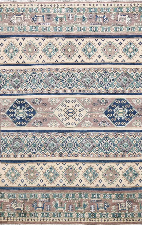 Vegetable Dye Geometric Kazak Oriental Area Rug 4x6