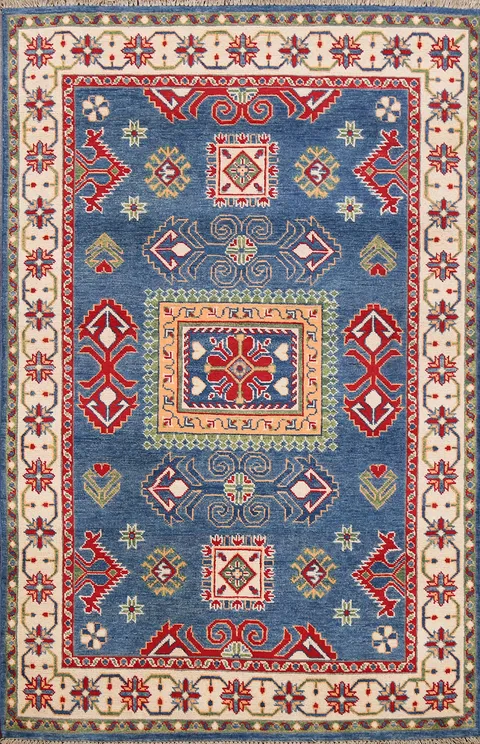 Geometric Blue Kazak Oriental Area Rug 4x6