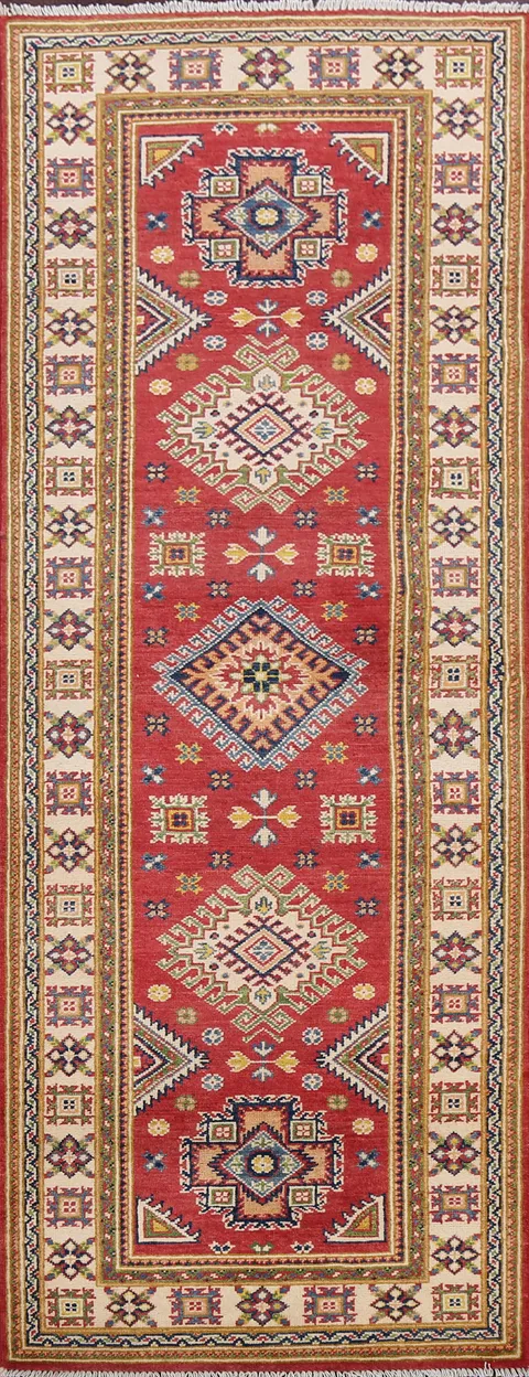 Geometric Red Kazak Oriental Runner Rug 3x8