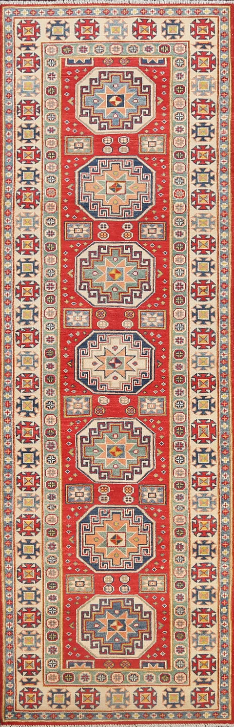 Geometric Red Kazak Oriental Runner Rug 3x10