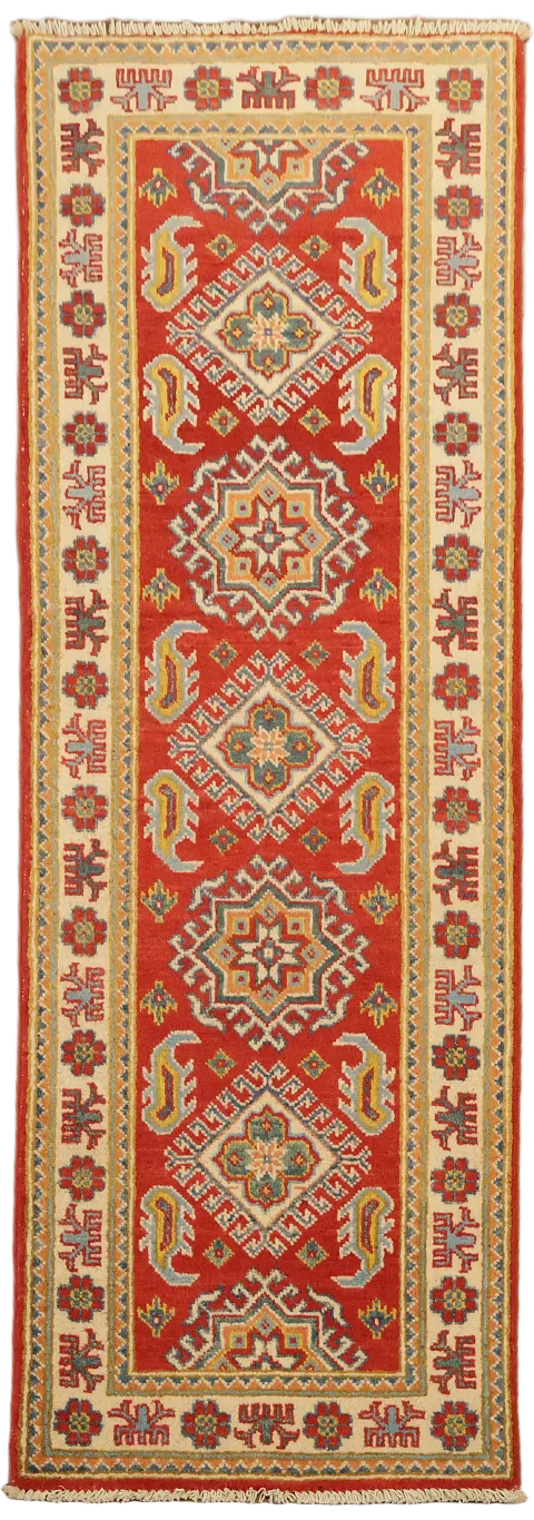 Vibrant Red Runner Rug with Vintage-Inspired Geometric Patterns 2'x6'