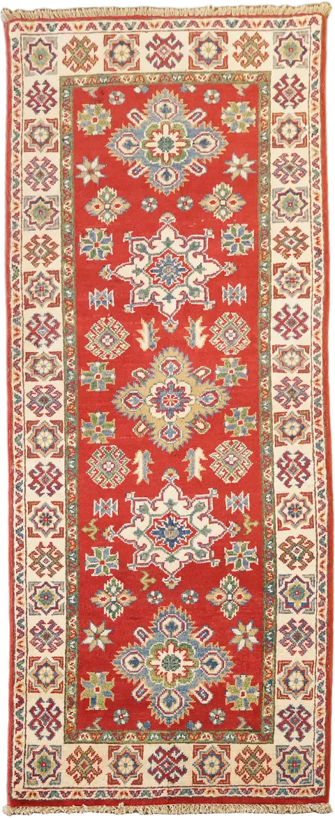 Vibrant Red Kazak Pakistani Runner Featuring Traditional Aztec Geometric Patterns 6' 4'' X 2' 7''