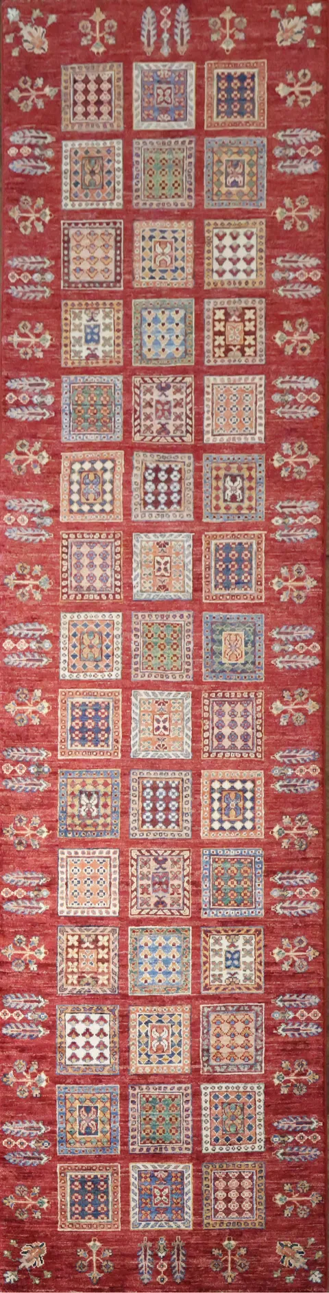 Elegant Kazak Red Runner Rug with Symmetrical Pattern Squares 3x10 ft