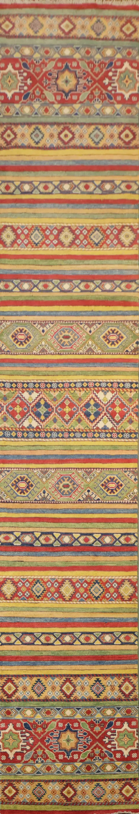 Lively Southwestern Tribal Kazak Long Runner Rug 3'x16'