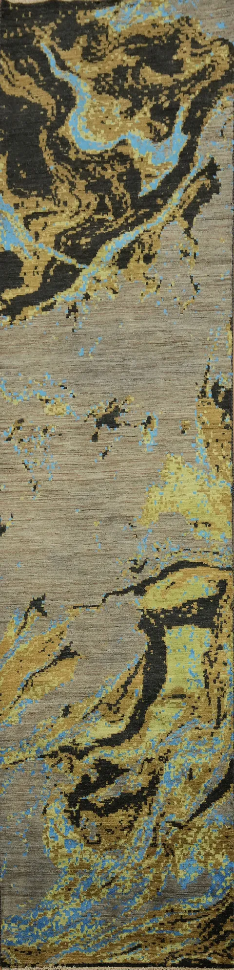 Artistic Vegetable Dye Abstract Grey and Green Runner Rug 3x12 ft