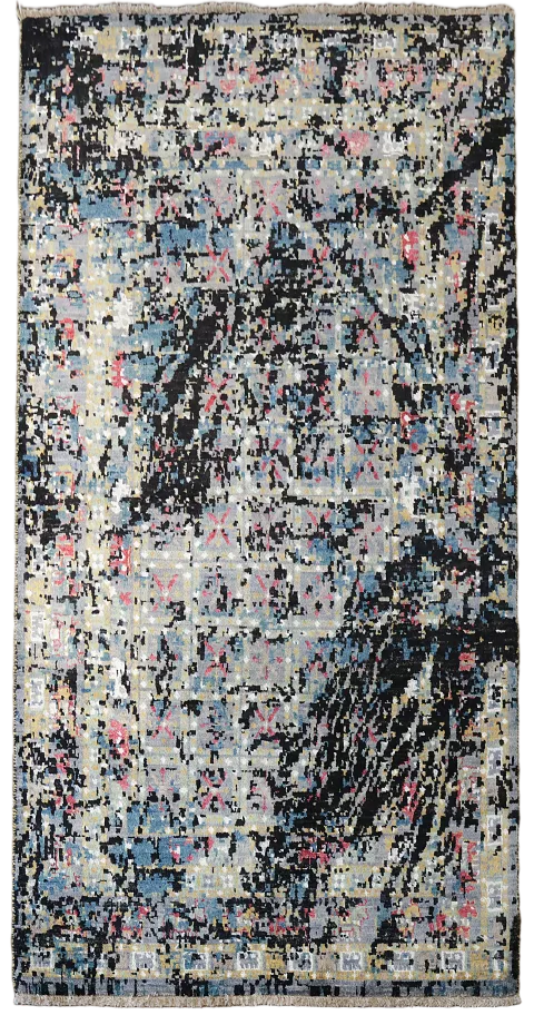 Contemporary Blue Pink and Black Abstract Patterned Area Rug 4'x6'