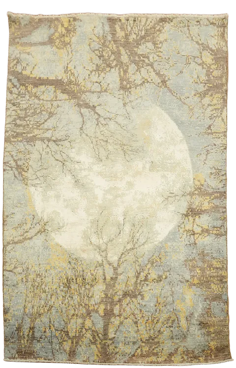 Mystical Forest Pathway Rug with Soft Tones and Moonlit Scene 6x9 ft