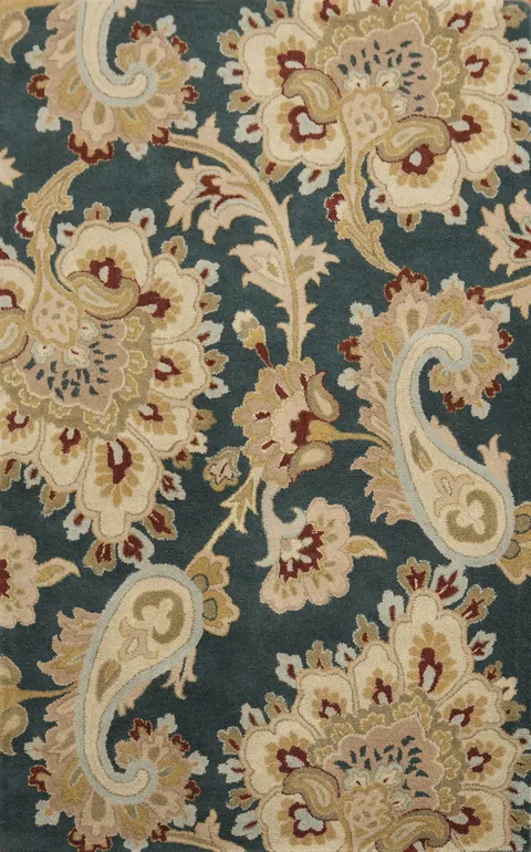Paisley Floral Hand-Tufted Teal Color Area Rug 5x8
