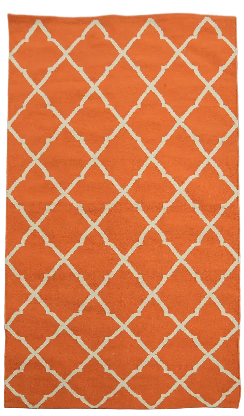 Vibrant Orange Lattice Flat-Woven Kilim Area Rug 5'x8'