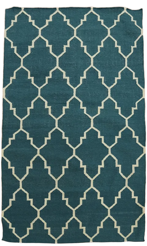Bold Teal Blue Kilim Trellis Rug with White Pattern Accents 5x8