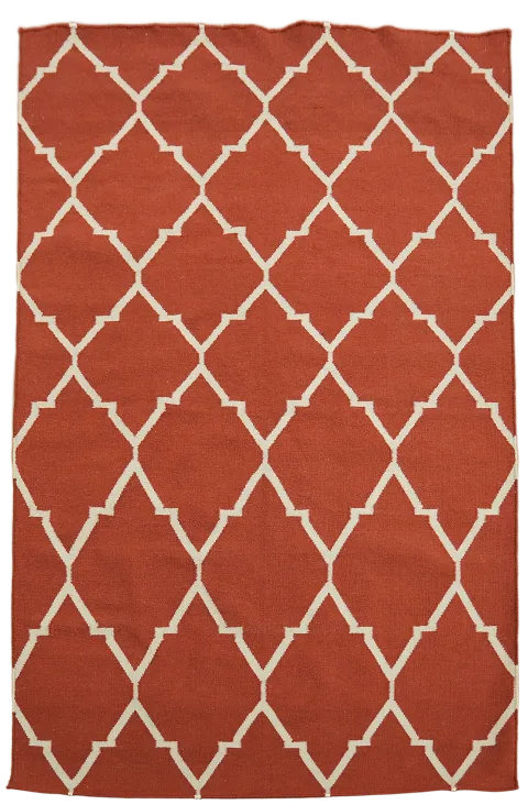 Modern Geometric Red Kilim Dhurrie Rug with Stylish White Lattice Pattern 5'x8'