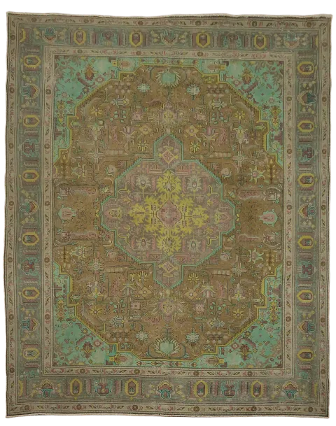 Vintage Teal and Brown Persian Tabriz Large Rug 10x13 ft