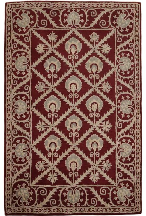 Luxurious Floral Patterned Tufted Rug in Deep Red and Cream Tones 6'x8'