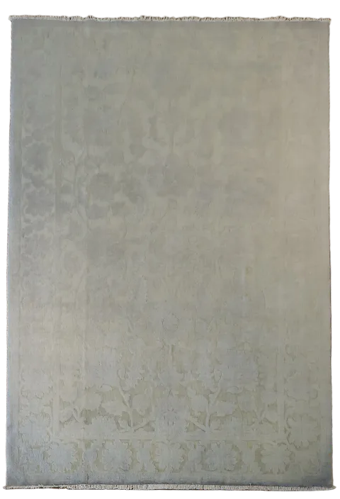 Silver Gray and Green Carved Floral Wool Hand-made Rug 6x9