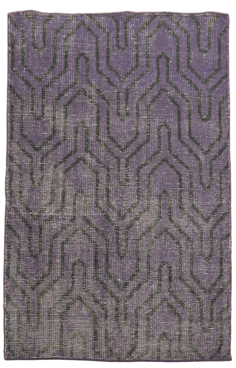 Contemporary Purple Rug with Distressed Geometric Motifs 4x6 ft