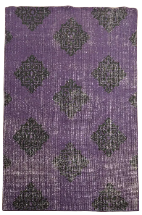Vintage Look Distressed Purple Rug with Elegant Black Damask Motifs 6x9