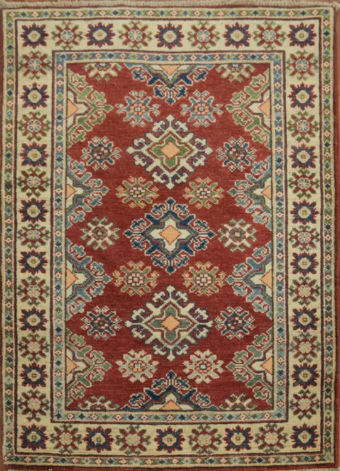 Traditional Red and Blue Geometric Kazak Wool Rug 3x4