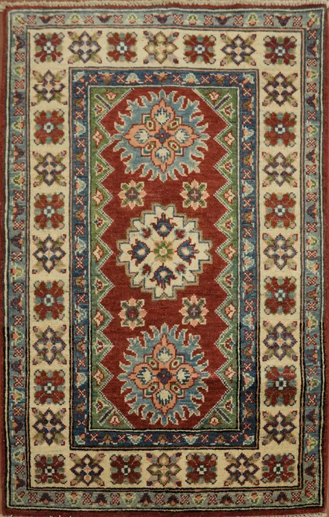 Traditional Red Blue and Green Kazak Wool Rug 3x4