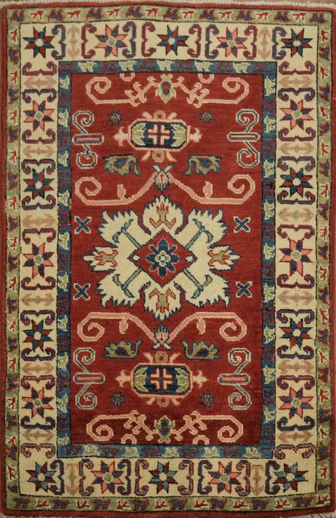 Vibrant Red and Blue Kazak Pakistani Rug for Foyer 2x4