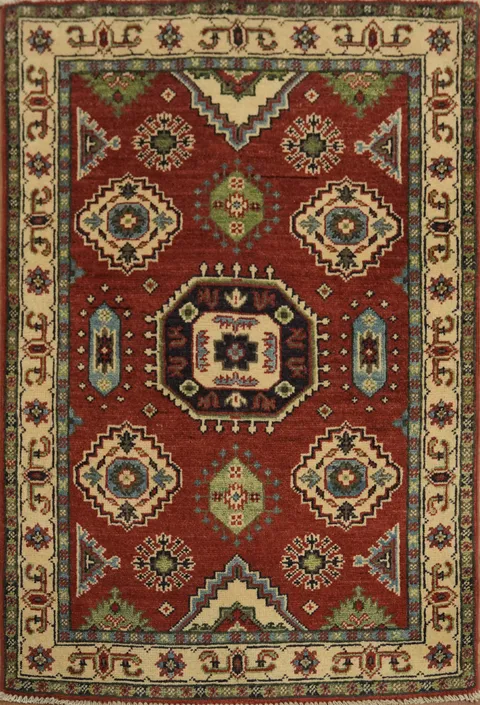 Classic Red and Ivory Kazak Pakistani Rug with Bold Geometric Ornaments 3x4