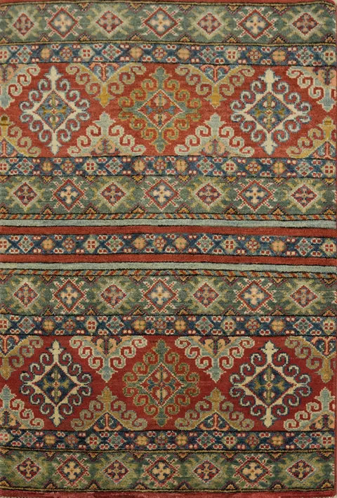 Intricate Red and Green South-western vibe Kazak Rug 3x4