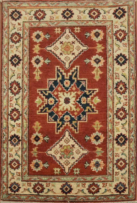 Luxury Red and Beige Kazak Wool Rug with Elegant Designs 3x4