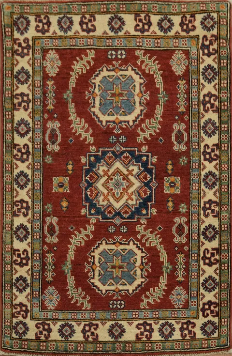 Stunning Red and Blue Kazak Pakistani Rug with Artistic Tribal Designs 3x4