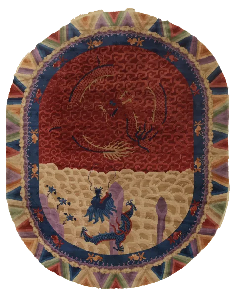 Antique Artisan Oval Art Deco Chinese Rug Featuring Majestic Phoenix and Dragon Design 9x11 ft