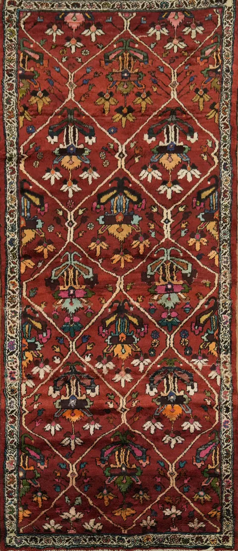 Vintage Tribal Pattern Bakhtiari Persian Runner Rug with Rich Earthy Tones and Geometric Motifs 4x9
