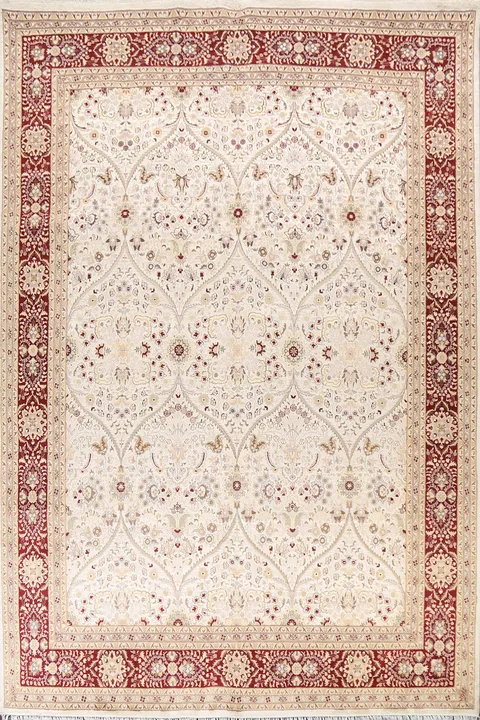 Elegant Cream Oriental Rug with Intricate Floral Design Border 9x12