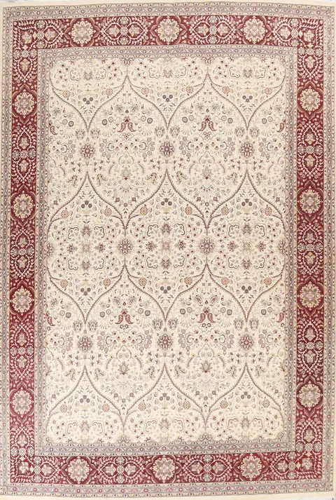 Classic Cream and Red Area Rug with Ornate Floral Patterns 9x12