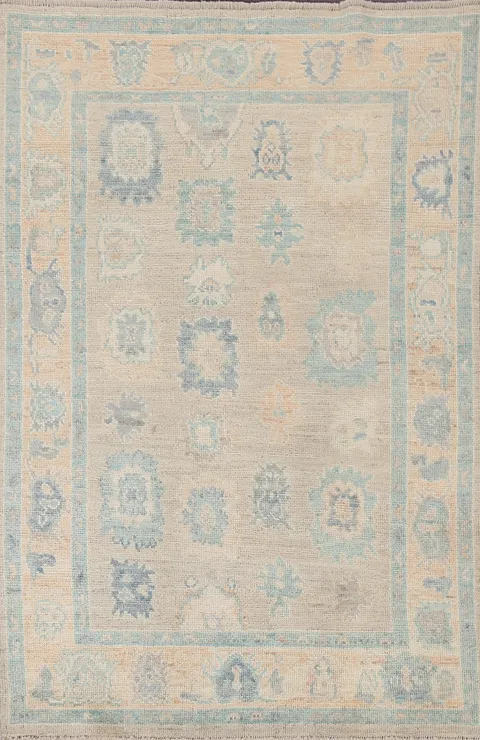 Muted Hand-Knotted Oushak Turkish Wool Rug 4x6