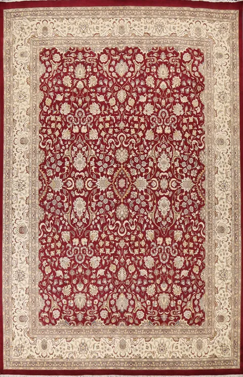 Ornate Floral Motif Rug in Rich Red and Cream Hues 9x12