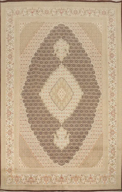 Luxurious Beige and Brown Tabriz Mahi Area Rug 10'x14'