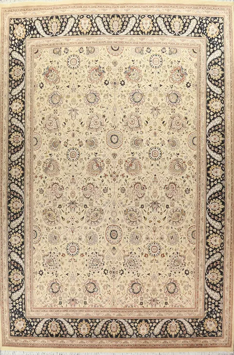 Classic Floral Design Rug in Subtle Beige and Navy Tones 10x14