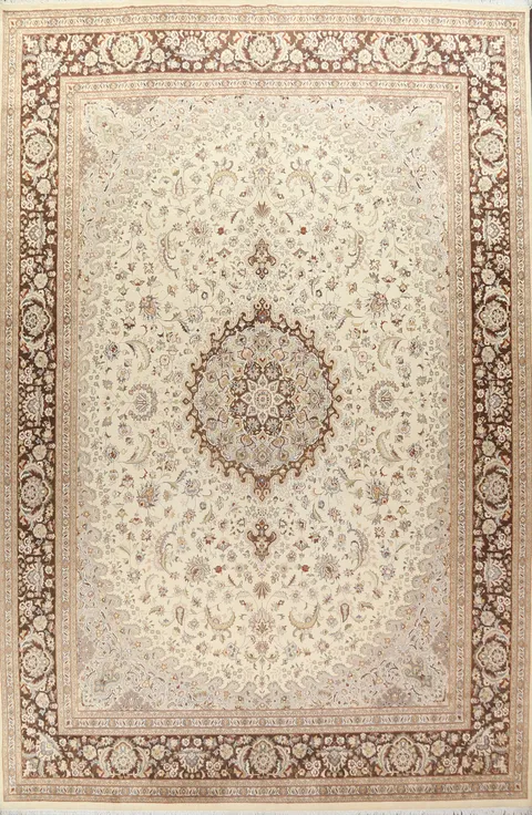 Ivory and Brown Ornamental Pattern Area Rug 10x14